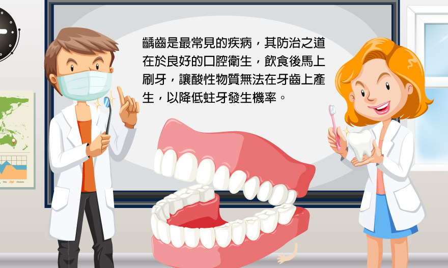 齲齒是最常見的疾病，其防治之道在於良好的口腔衛生，飲食後馬上刷牙，讓酸性物質無法在牙齒上產生，以降低蛀牙發生機率；民眾也應該定期進行口腔健檢。
